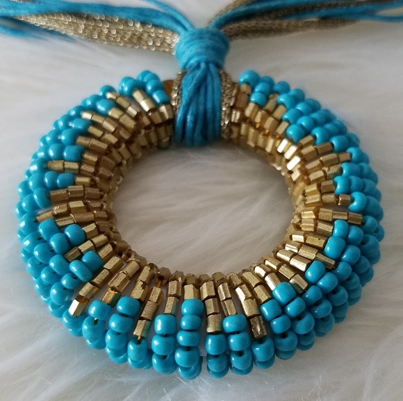 Turquoise Gold Beaded Statement Necklace Handmade NEW